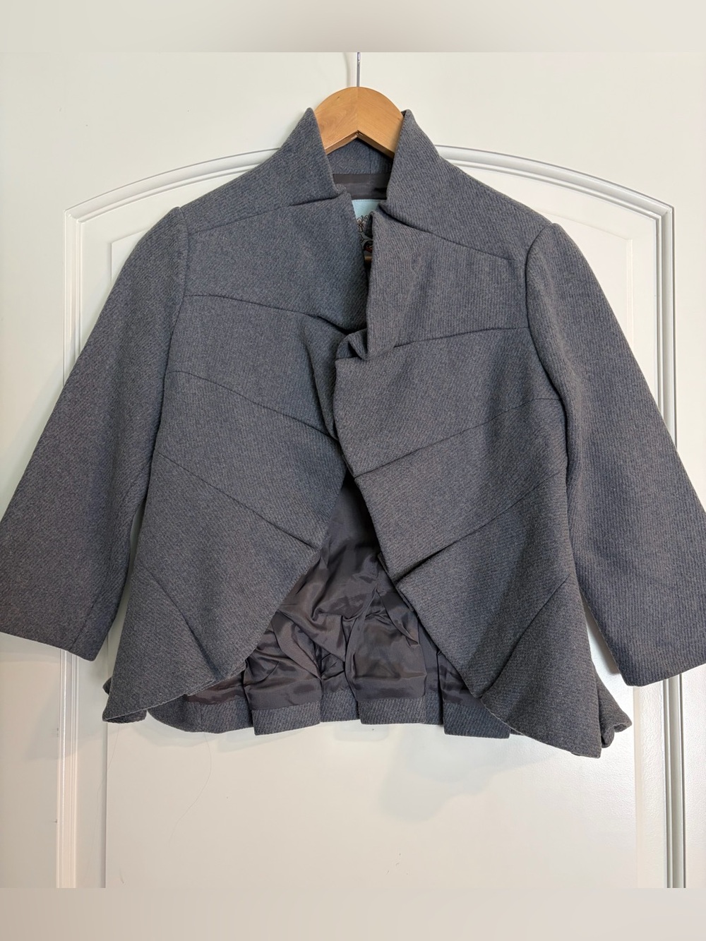 Anthropologie Tabitha Gray Cropped Wool Rayon Asymmetrical Pleated Jacket 2